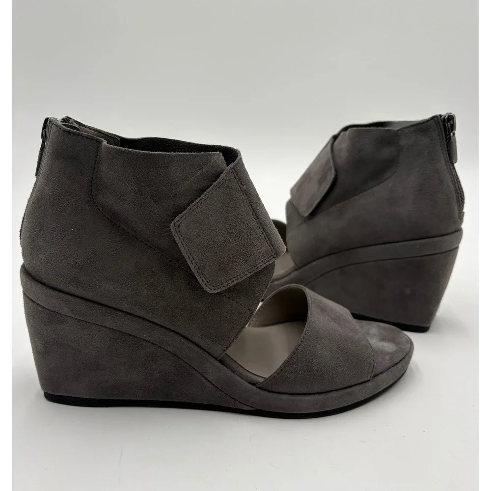 Eileen Fisher Womens Gray Suede Wedge Sandals Open Toe Back Zip Shoes Size 6 US